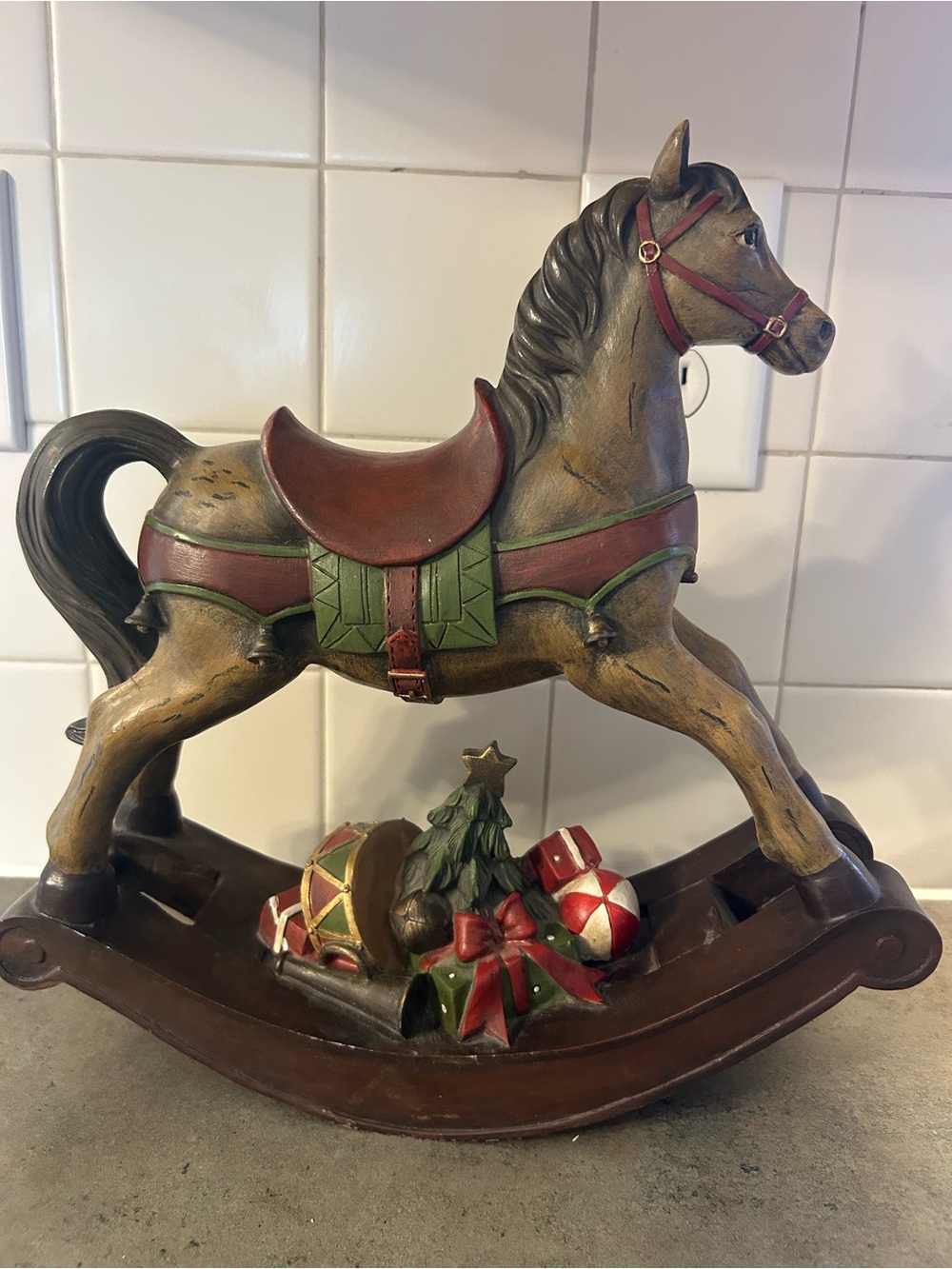 Holiday Rocking Horse Figurine in Brown, Red & Green